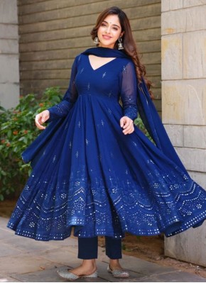 Lovable Embroidered Navy Blue Georgette Trendy Sal