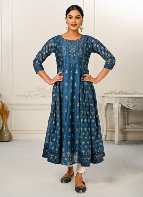 Lovable Printed Teal Cotton Casual Kurti