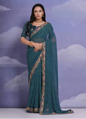 Lovable Teal Printed Georgette Classic Saree