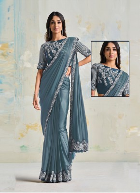 Lovely Embroidered Grey Satin Silk Trendy Saree