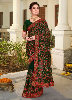 Lovely Green Georgette Trendy Saree
