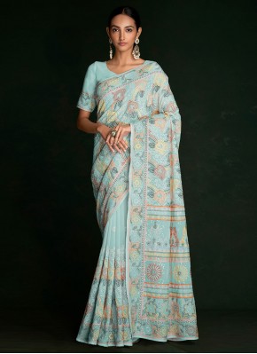 Lucknowi work Georgette Designer Saree in Turquoise