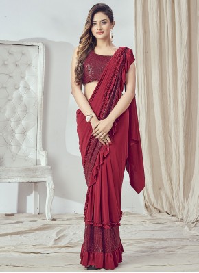 Lycra Embroidered Designer Ready Pleated Saree in Red