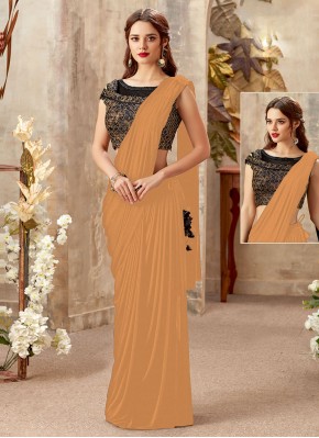Lycra Orange Sequins Designer Ready Pleated Saree