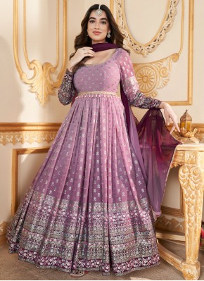Magnificent Faux Georgette Purple Foil Print Trendy Gown