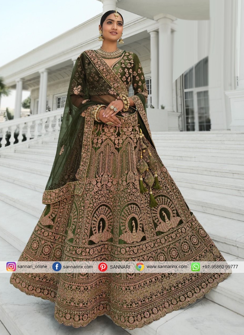 Majestic Green Embroidered Velvet Designer A Line Lehenga Choli