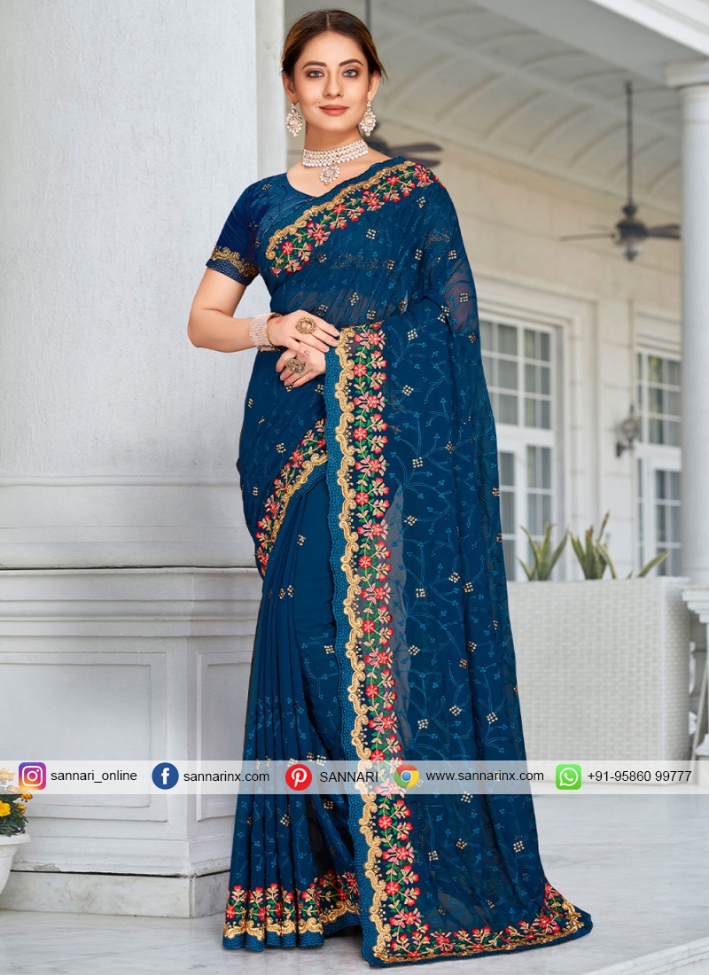 Majesty Embroidered Teal Georgette Contemporary Saree