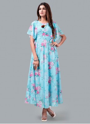 Majesty Printed Aqua Blue Designer Gown