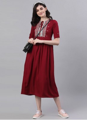 Maroon Embroidered Party Party Wear Kurti