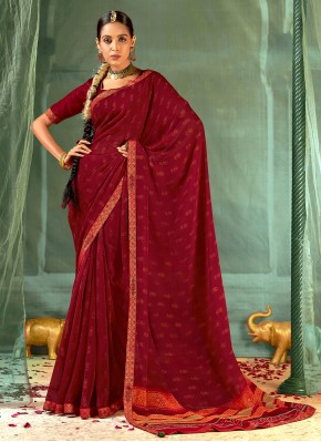 Maroon Faux Georgette Floral Print Traditional Designer Saree