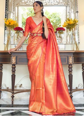 Marvelous Weaving Orange Handloom silk Designer Traditional Saree