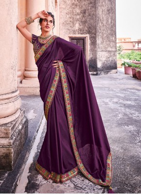 Mesmeric Purple Embroidered Vichitra Silk Designer Saree