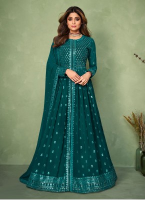 Mesmerizing Embroidered Pure Georgette Teal Readymade Salwar Suit