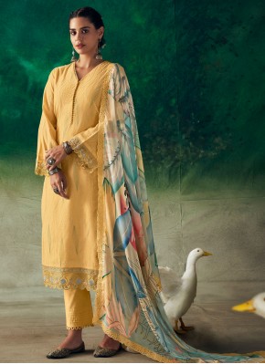 Mesmerizing Embroidered Yellow Muslin Salwar Suit