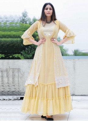 Miraculous Faux Georgette Sequins Yellow Party Wear Kurti