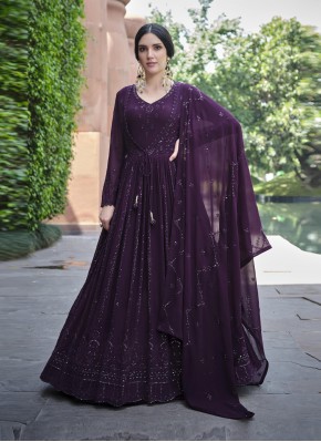 Miraculous Georgette Sequins Purple Readymade Gown