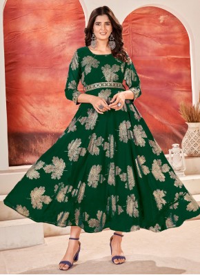 Modish Green Foil Print Readymade Gown