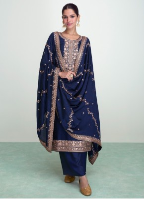 Modish Resham Silk Blue Trendy Salwar Kameez