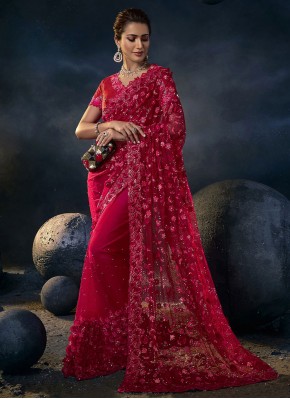 Modish Sequins Red Net Trendy Saree