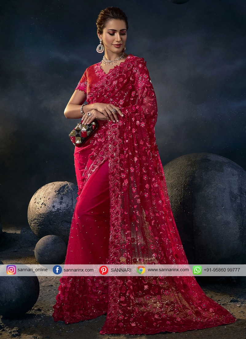 Modish Sequins Red Net Trendy Saree