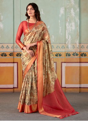Multi Colour Floral Print Handloom silk Contemporary Saree