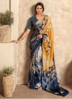 Multi Colour Printed Satin Silk Designer Saree