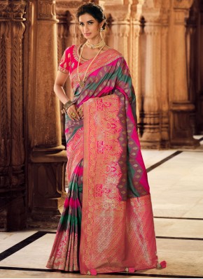 Multi Colour Silk Embroidered Designer Saree