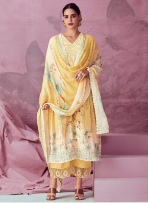 Muslin Yellow Embroidered Designer Salwar Suit