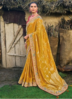 Mustard Silk Embroidered Designer Saree