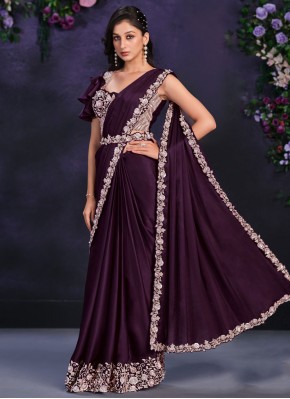 Mystical Satin Silk Purple Sequins Classic Saree