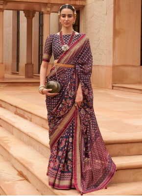 Navy Blue Brasso Engagement Contemporary Style Saree