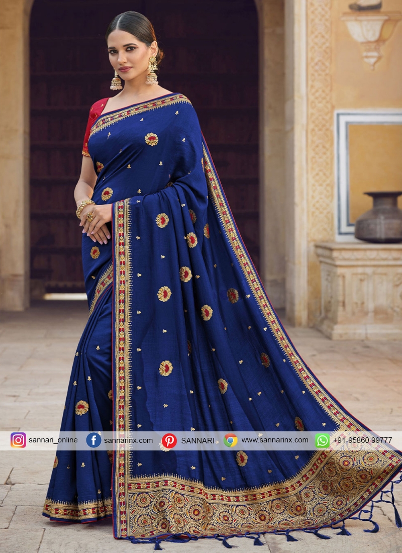 Navy Blue Embroidered Contemporary Style Saree