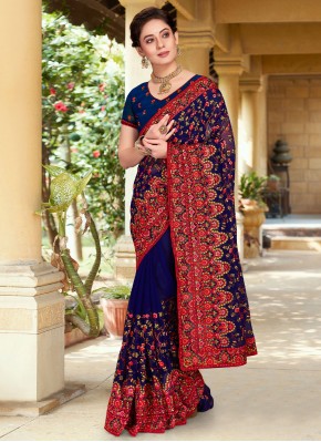 Navy Blue Embroidered Georgette Contemporary Style Saree