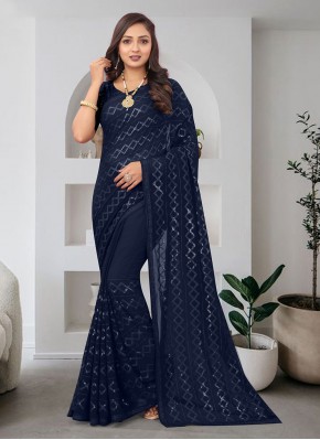 Navy Blue Georgette Embroidered Classic Saree