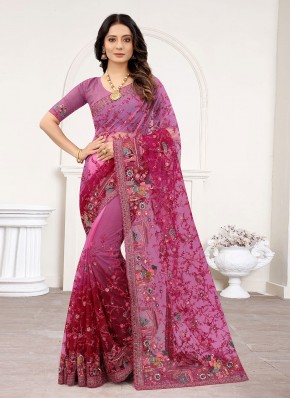 Net Embroidered Designer Traditional Saree in Rani