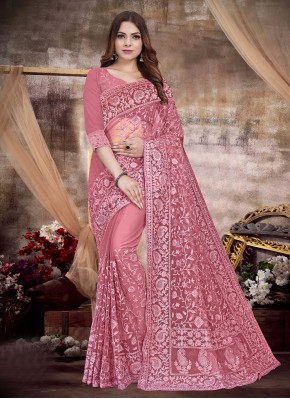 Net Embroidered Pink Contemporary Saree