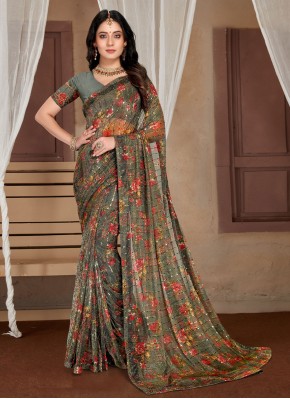 Net Embroidered Saree in Grey