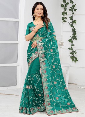 Net Embroidered Trendy Saree in Rama