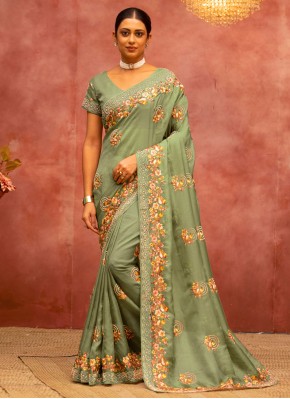 Net Green Embroidered Contemporary Saree