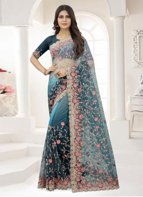 Net Multi Colour Embroidered Traditional Saree
