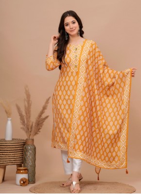 Nice Print Yellow Muslin Readymade Designer Salwar Suit