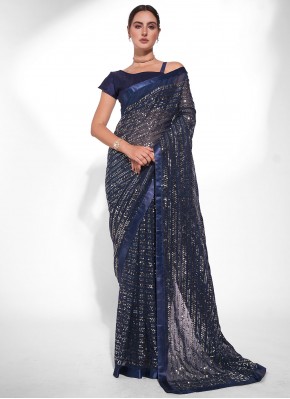 Observable Embroidered Blue Georgette Contemporary Style Saree