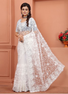 Off White Embroidered Contemporary Style Saree