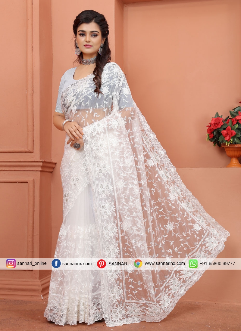 Off White Embroidered Contemporary Style Saree