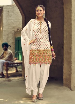 Off White Faux Georgette Embroidered Patiala Salwar Suit