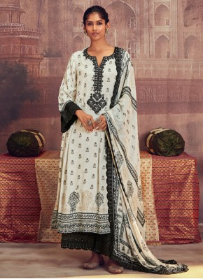 Off White Muslin Embroidered Palazzo Suit