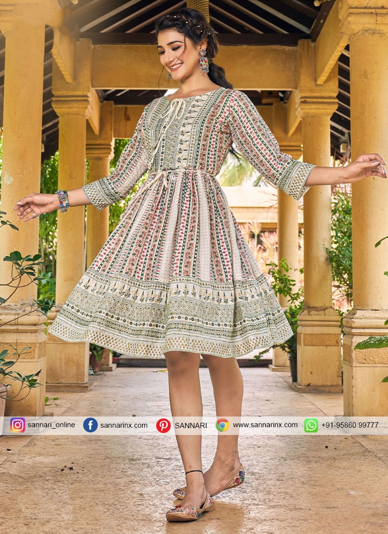 Off White Printed Party Wear Kurti