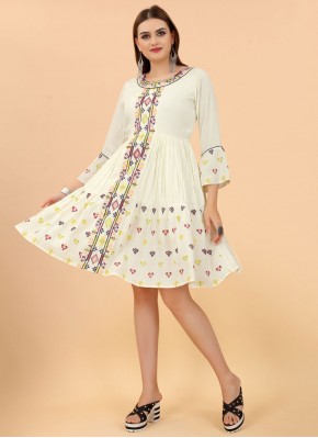 Off White Rayon Embroidered Casual Kurti