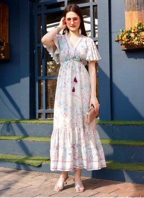 Off White Rayon Floral Print Trendy Gown