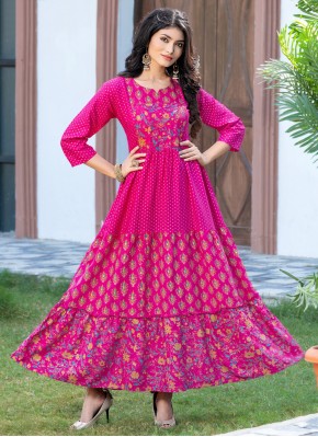 Opulent Foil Print Rayon Pink Readymade Gown